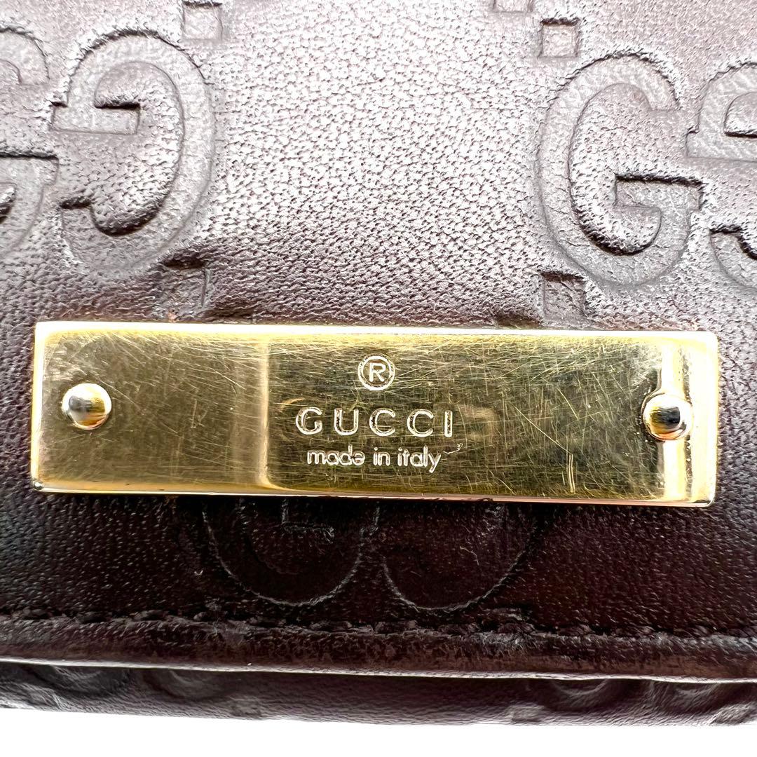 極美品✨グッチ 長財布 GG シマ レザー ダークブラウン ゴールド プレート