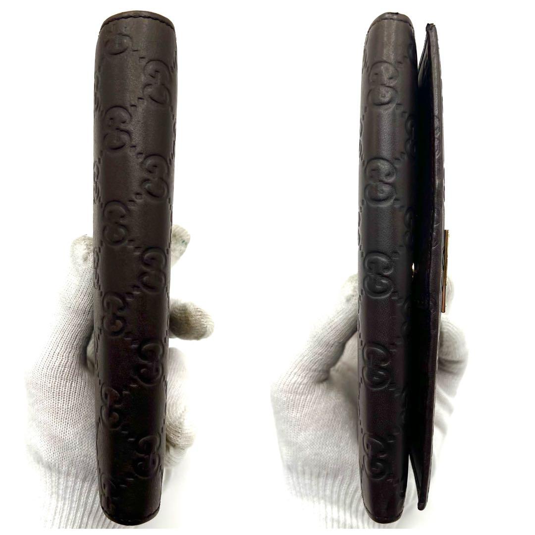 極美品✨グッチ 長財布 GG シマ レザー ダークブラウン ゴールド プレート