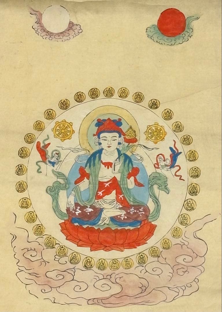 「虚空蔵菩薩他 彩色木版画掛軸」明治期頃 一幅|仏画 仏教美術 木版刷り