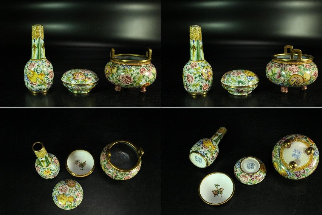 中国美術 琺瑯彩 香炉 箸筒 香合 三揃(K-A831)