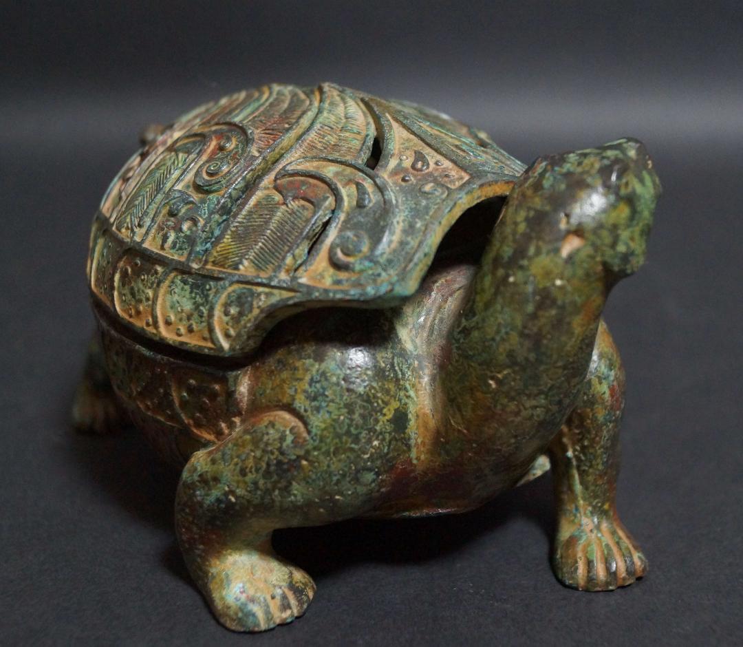 時代青銅製 金工細工 亀香炉 薫香炉 銘文付『亀の置物』 オブジェ 古美術茶道具