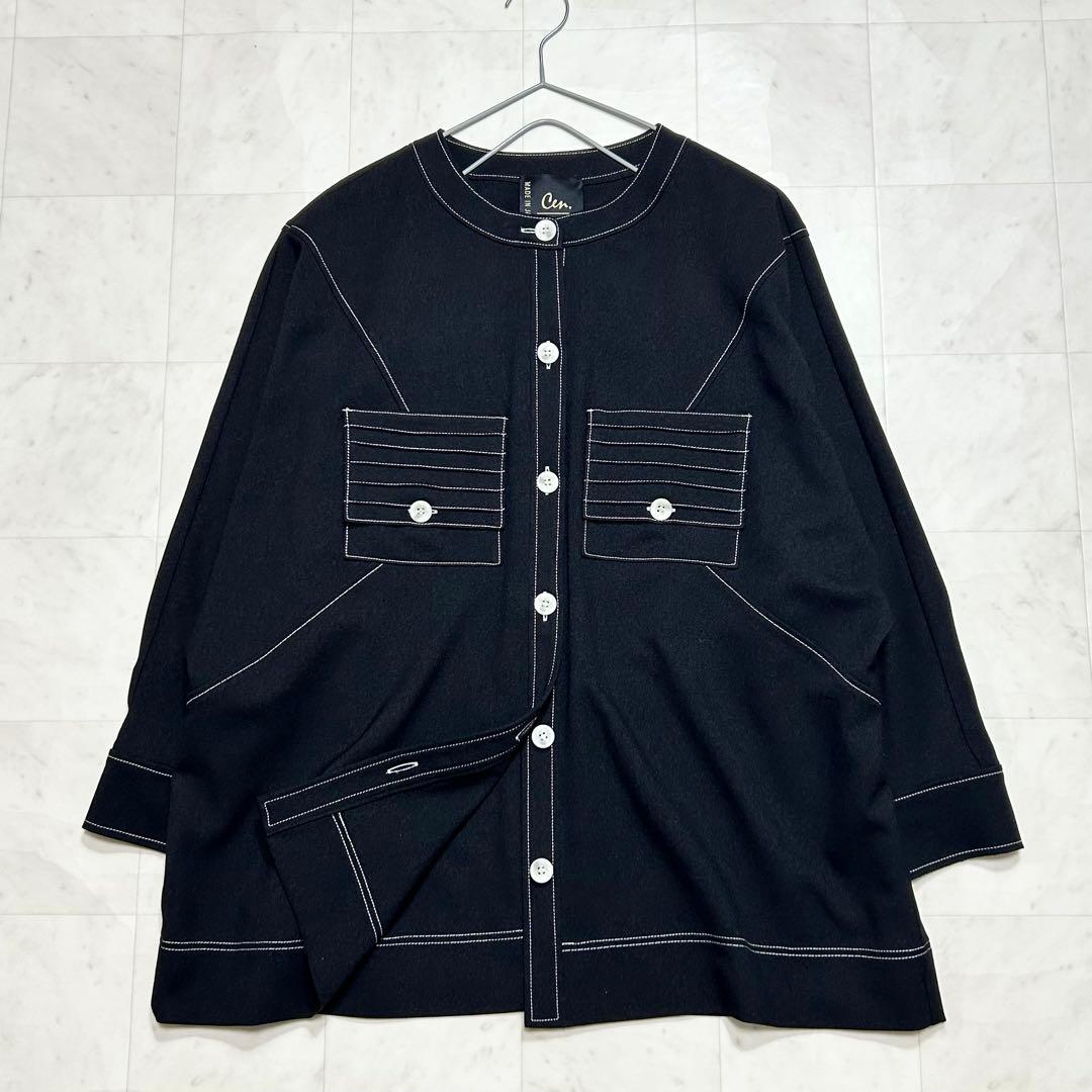 美品✨Cen. ノーカラーステッチブルゾン シャツ ブラック FREE