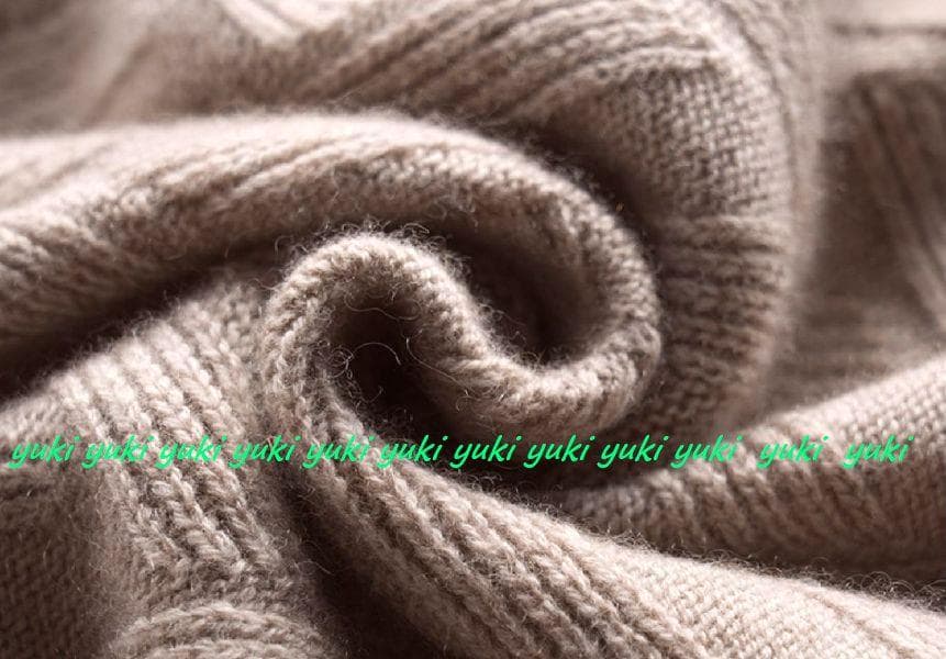 M暖か上質カシミヤ100％★ハイネックデザイン編みロングニットワンピ♪モカM