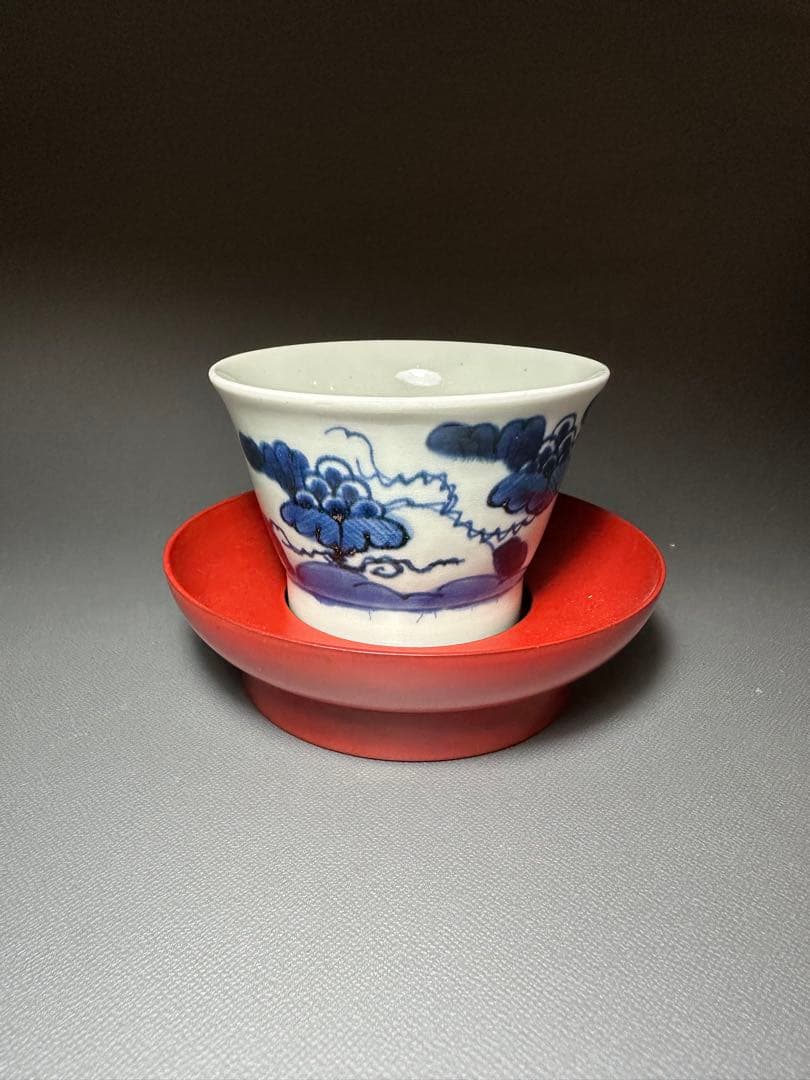 古伊万里　蝶　葡萄紋様　さそば猪口　輪島塗　茶托　5客セット　染付　朱漆