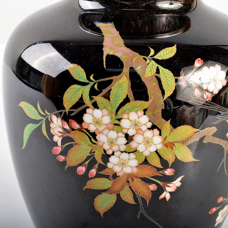 七宝焼　鳥桜文瓶　唐木台付　桐箱付　D　R5643