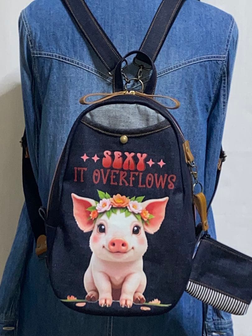 男女兼用☆岡山デニム☆ブタさん☆リュックorワンショルダーバッグ