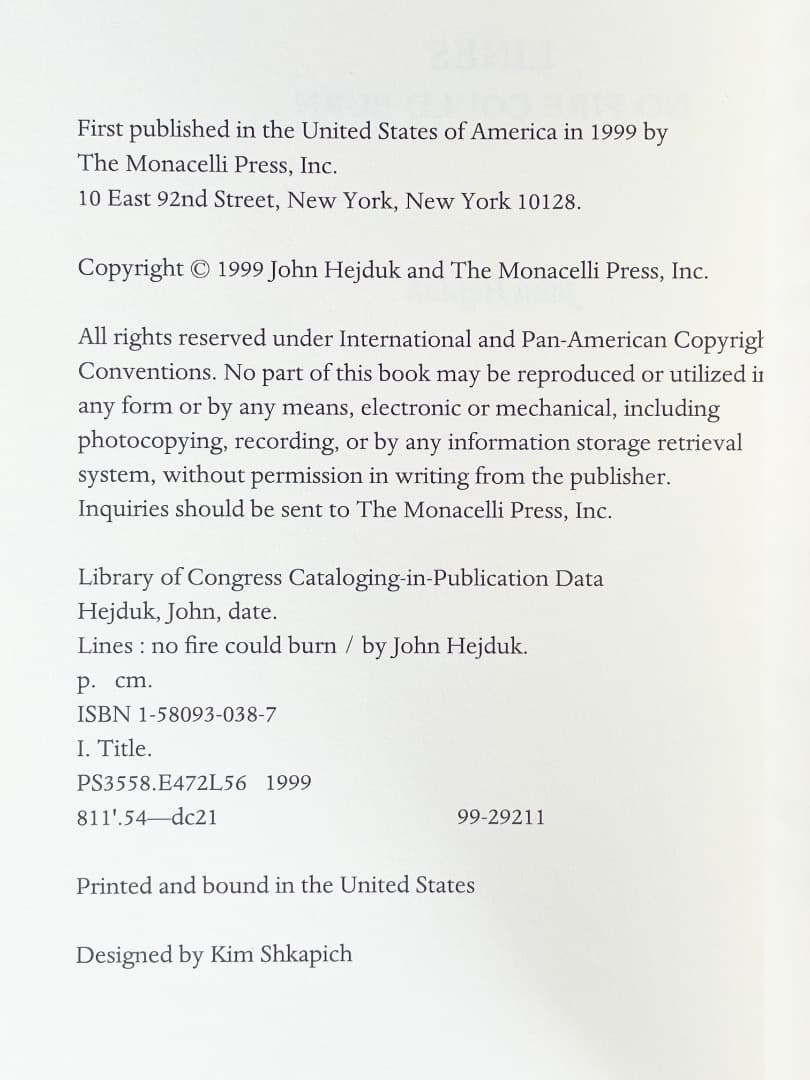 稀少本　John Hejduk　LINES：NO FIRE COULD BURN