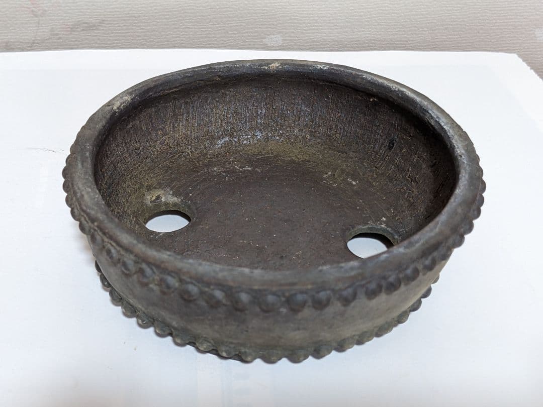 ♦小品盆栽鉢 富舟作 鋲打ち三足丸鉢ミニ盆栽鉢 コレクション 骨董品