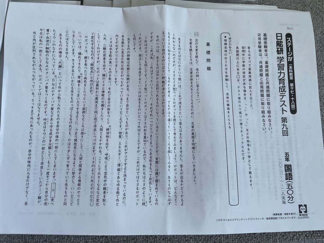日能研 5年 学習力育成テストほか 1年分