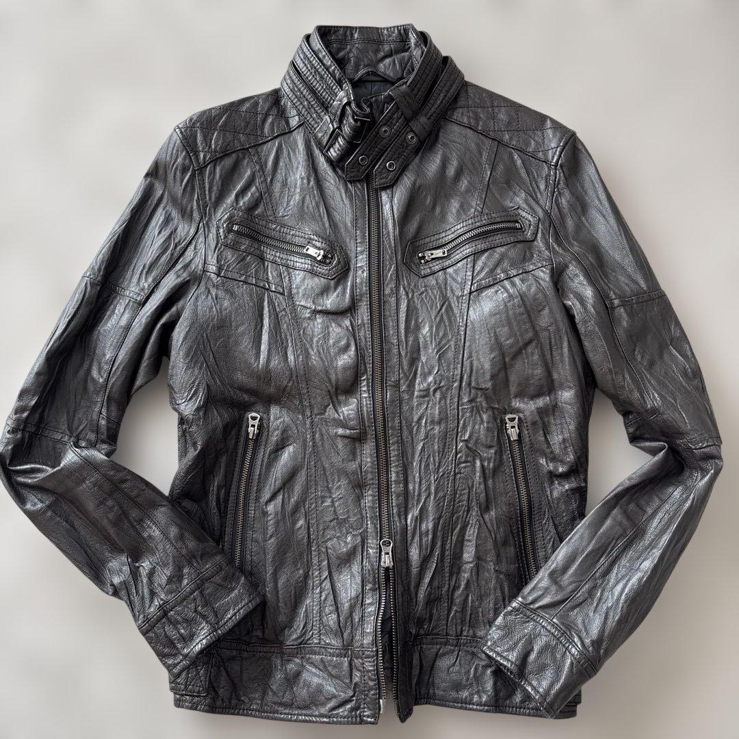 美品【y2k】ラトルトラップ　シングルライダースL 豚革　シワ加工　こげ茶