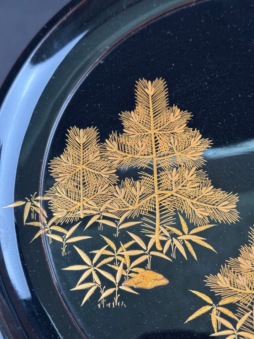 木製　時代　漆器　黒塗　高杯型　菓子器　梨地 松蒔絵　高月　共箱