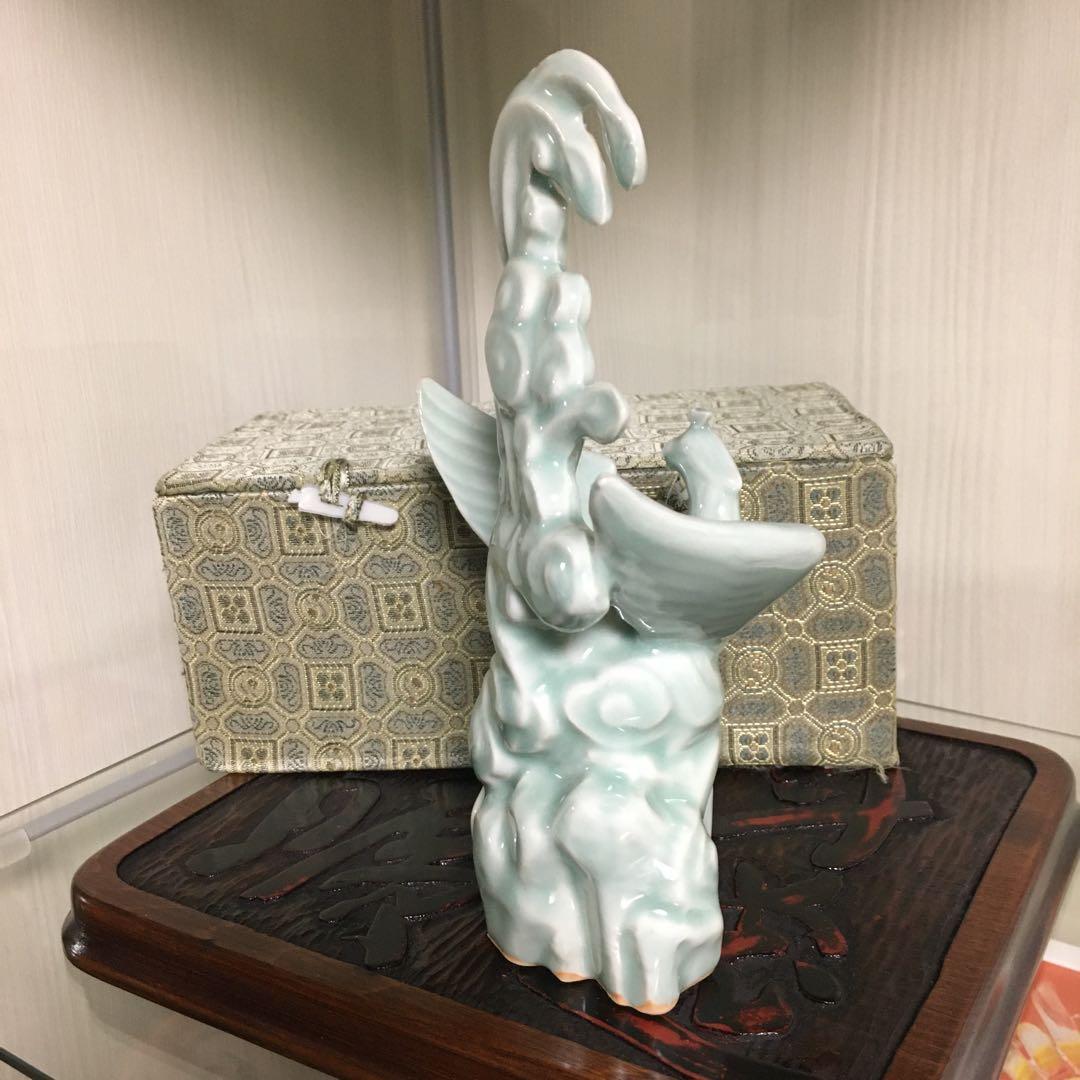 箱付き　中国龍泉窯　青磁　鳳凰　一輪挿し　花器　花瓶　オブジェ　インテリア