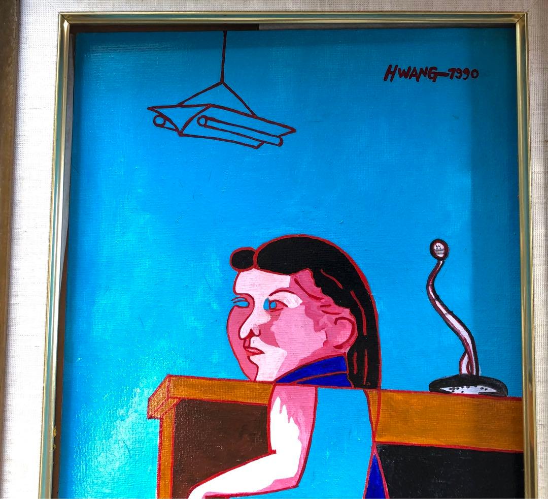 H.WANG 1990年 台湾画家黄位政の子供と猫の絵画