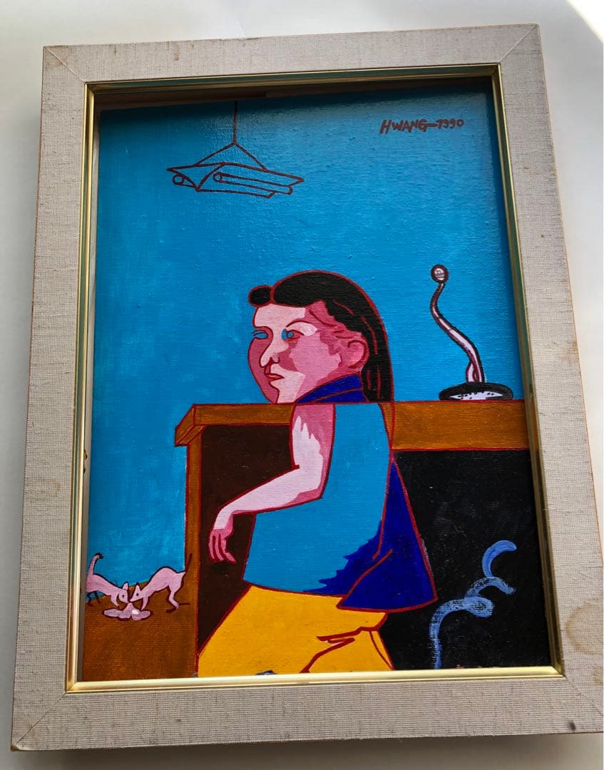 H.WANG 1990年 台湾画家黄位政の子供と猫の絵画