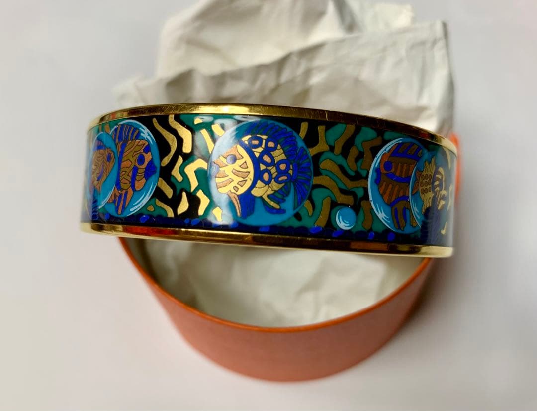 HERMES エルメス ワイドバングル エマイユ熱帯魚ブルー×ゴールド