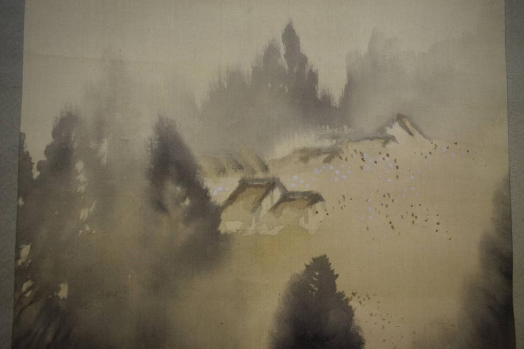 真作/広島県生/藤井松山/山水桜花図/布袋屋掛軸HJ-384