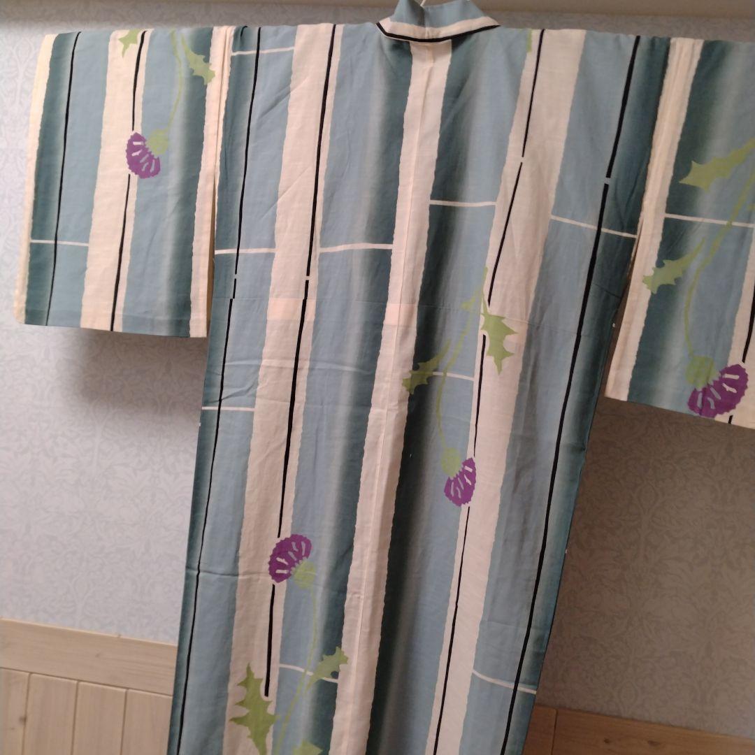 未使用高島屋購入★あざみアザミと竹柄の浴衣ゆかた両面使える黒ねず茶帯バッグセット