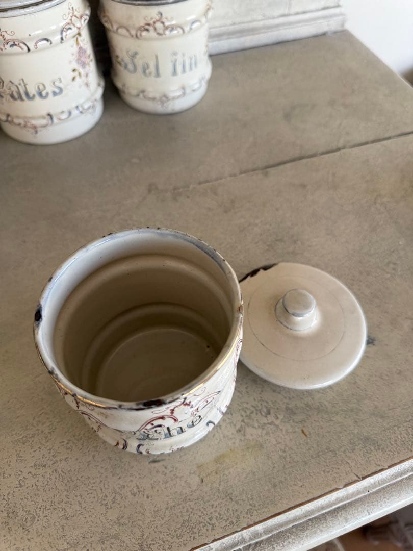 フランスアンティークホーローアールヌーボー可憐な花柄キャニスター5個セット