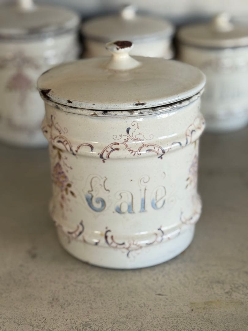 フランスアンティークホーローアールヌーボー可憐な花柄キャニスター5個セット