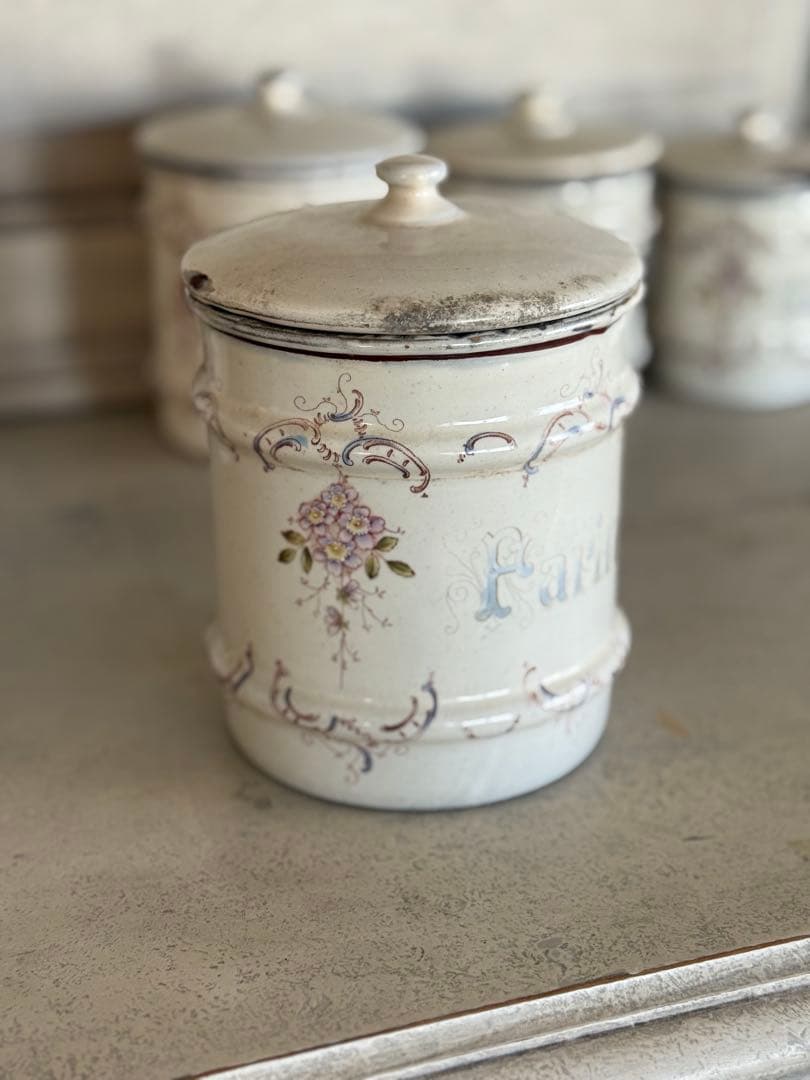 フランスアンティークホーローアールヌーボー可憐な花柄キャニスター5個セット