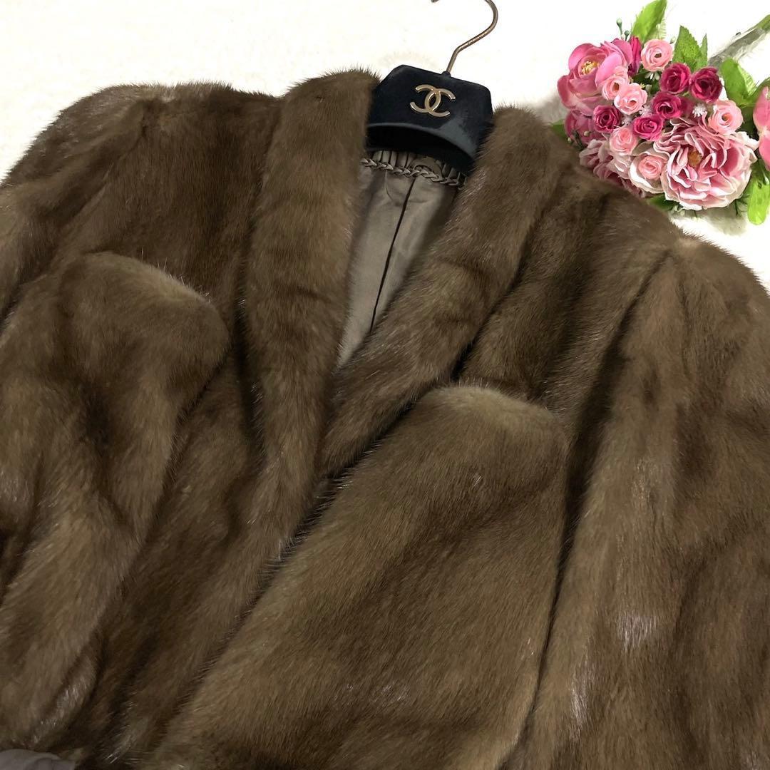 美品◎デミバフミンク ファーコート ベルト付き ポケット ブラウン系 MINK