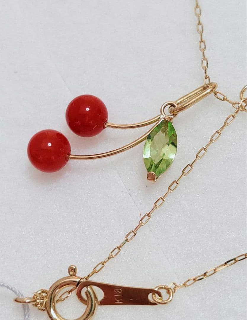未使用品 k18 赤珊瑚 ペリドット ネックレス と ピアス セット