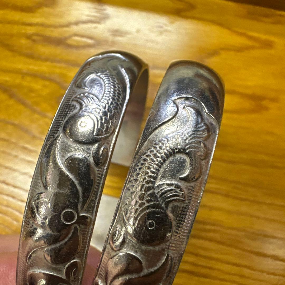 アクセサリー 銀 シルバーバングル 魚と花の彫刻