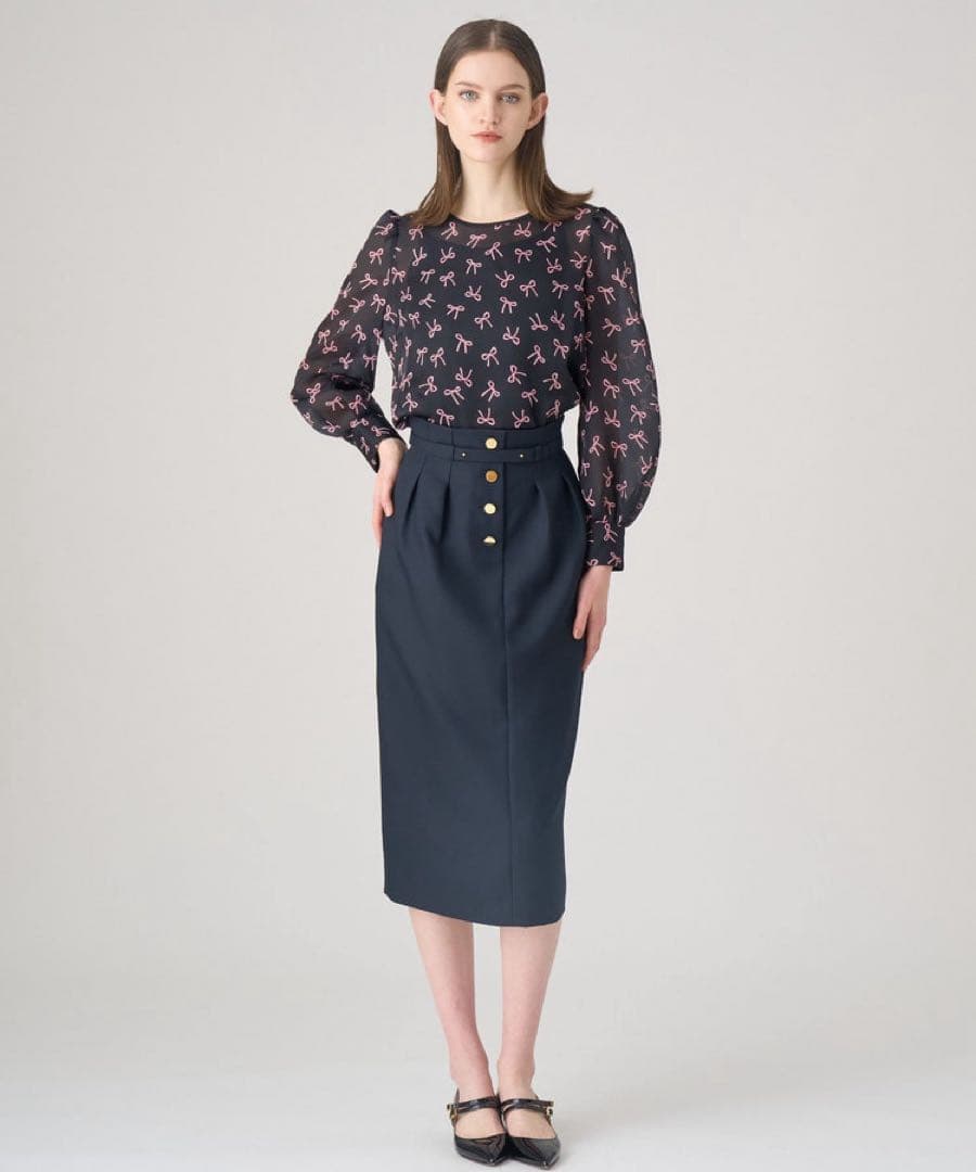 24SS♡ANAYI リボンプリントタックスリーブブラウス 36 とろみ シアー