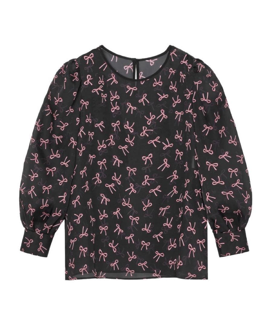 24SS♡ANAYI リボンプリントタックスリーブブラウス 36 とろみ シアー