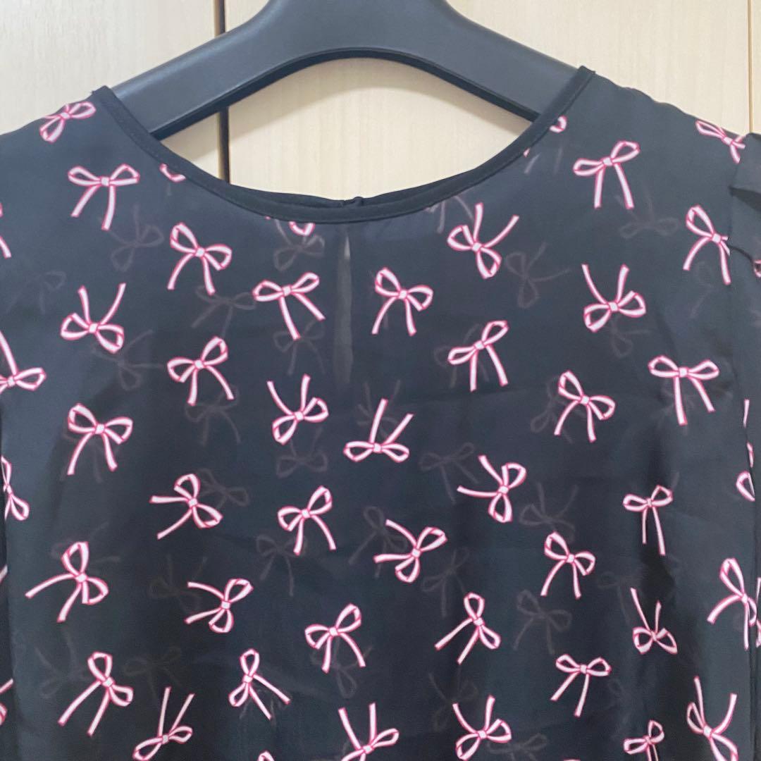 24SS♡ANAYI リボンプリントタックスリーブブラウス 36 とろみ シアー