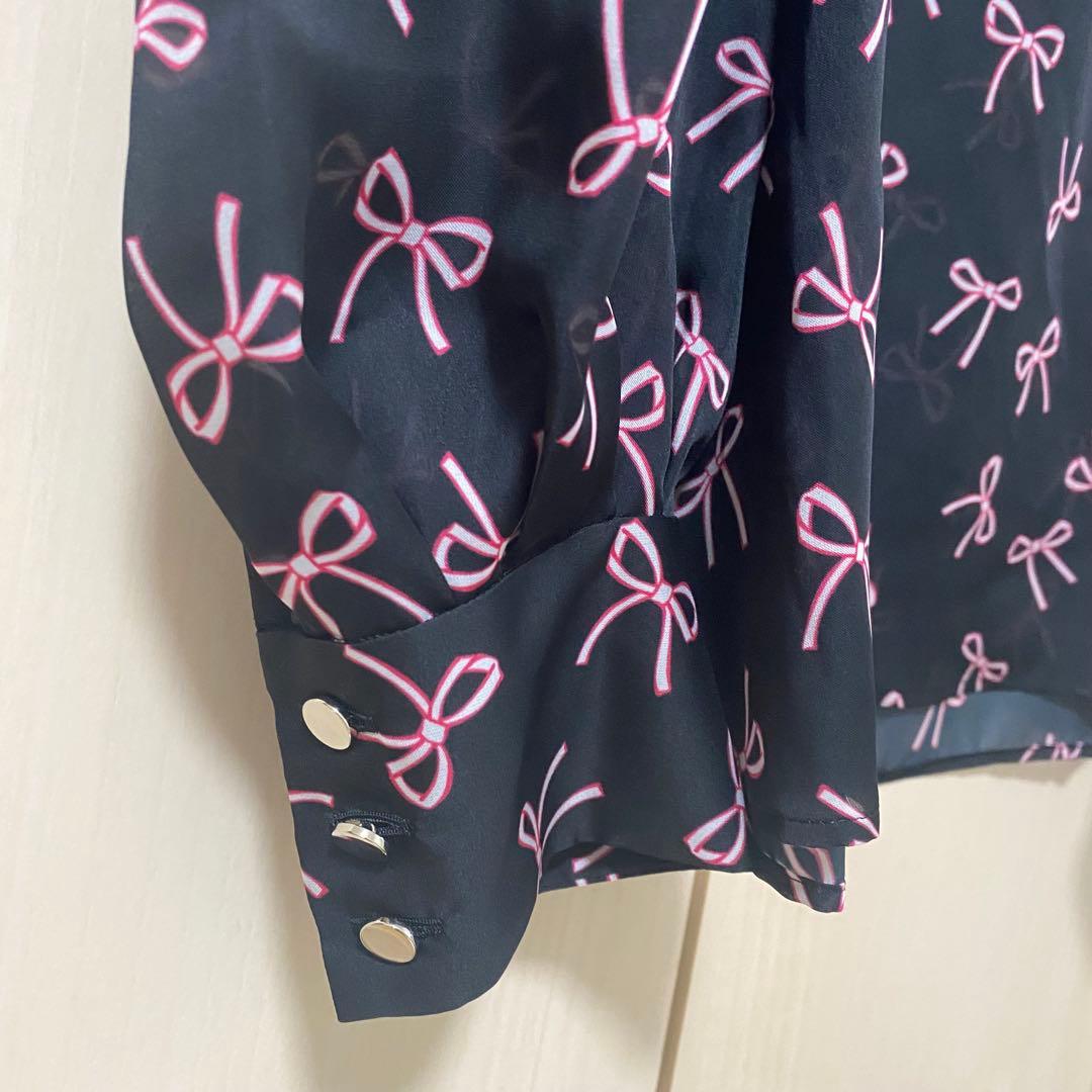 24SS♡ANAYI リボンプリントタックスリーブブラウス 36 とろみ シアー
