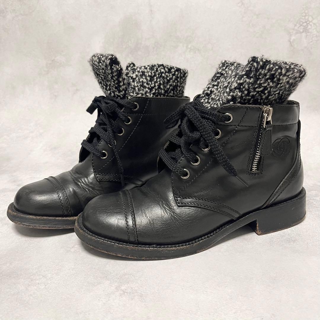 CHANEL ショートブーツ　ココマーク刺繍　サイドジップ　ツイード×レザー