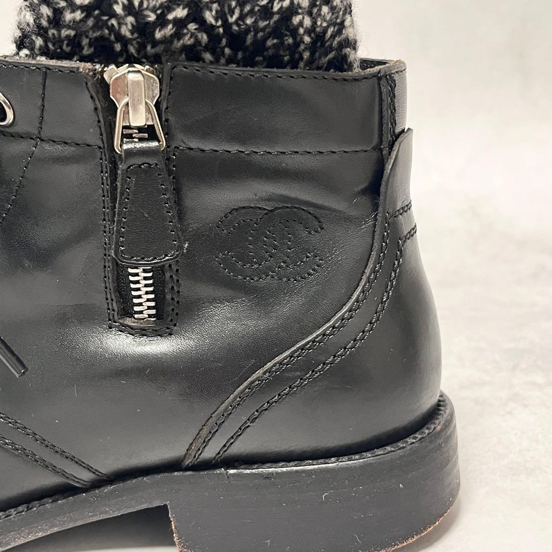 CHANEL ショートブーツ　ココマーク刺繍　サイドジップ　ツイード×レザー