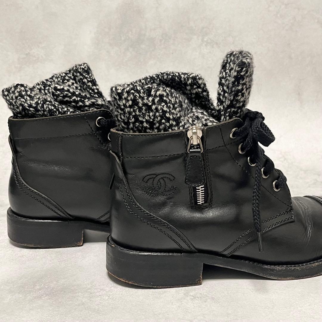 CHANEL ショートブーツ　ココマーク刺繍　サイドジップ　ツイード×レザー