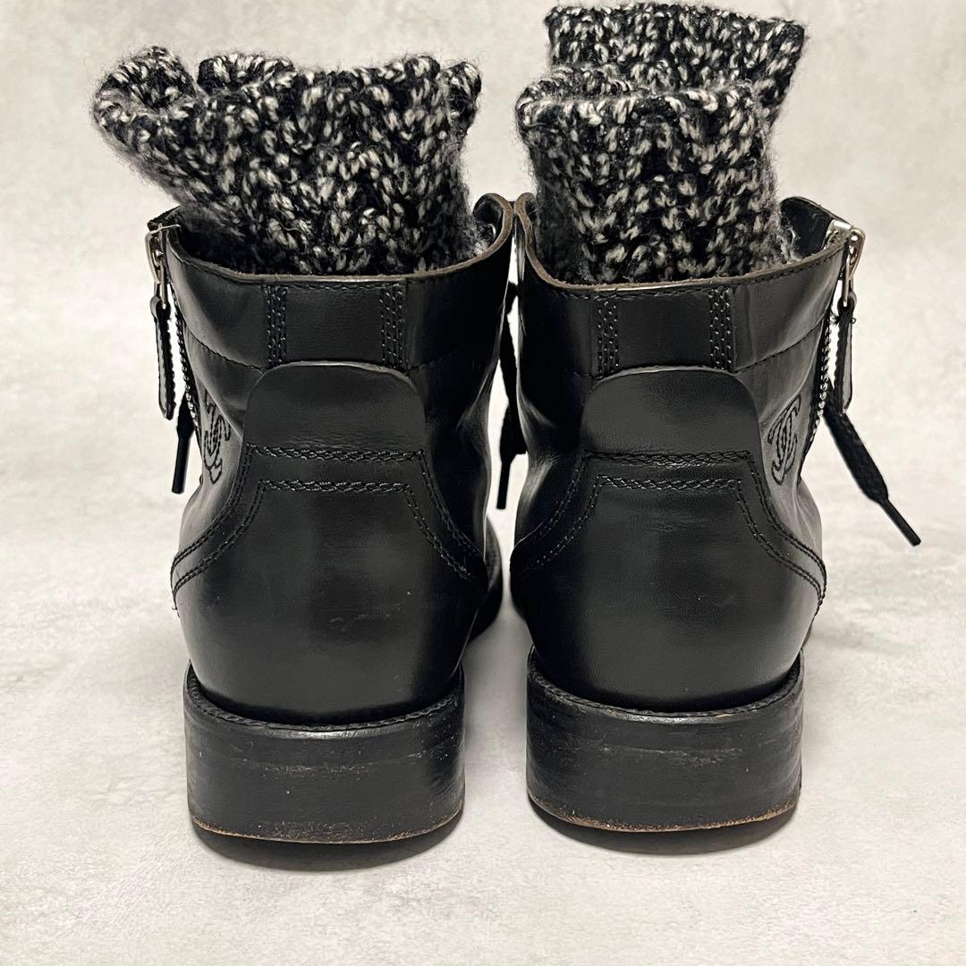 CHANEL ショートブーツ　ココマーク刺繍　サイドジップ　ツイード×レザー