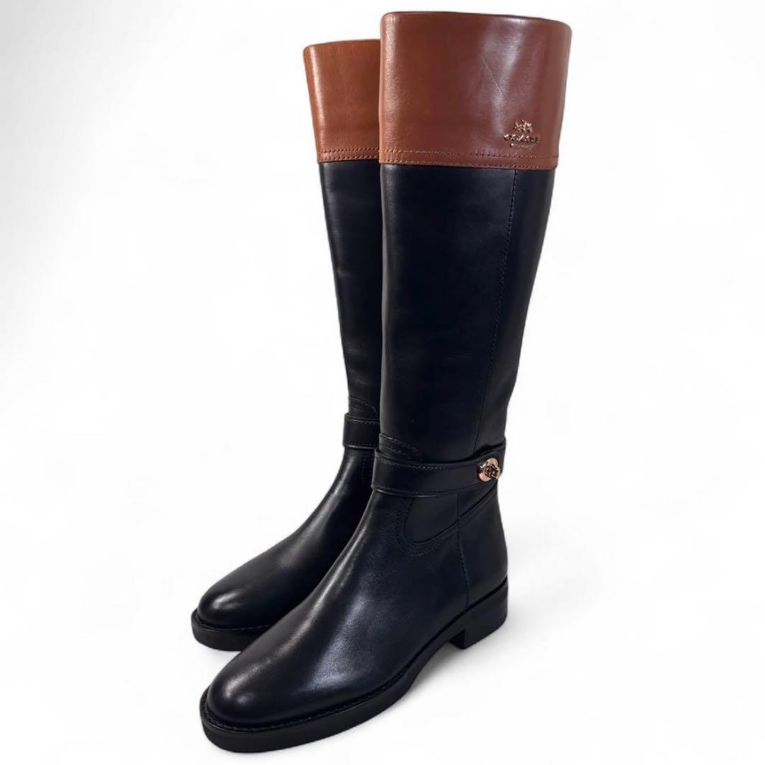 極美品 コーチ 36 23 レザー ロングブーツ ターンロック バイカラー