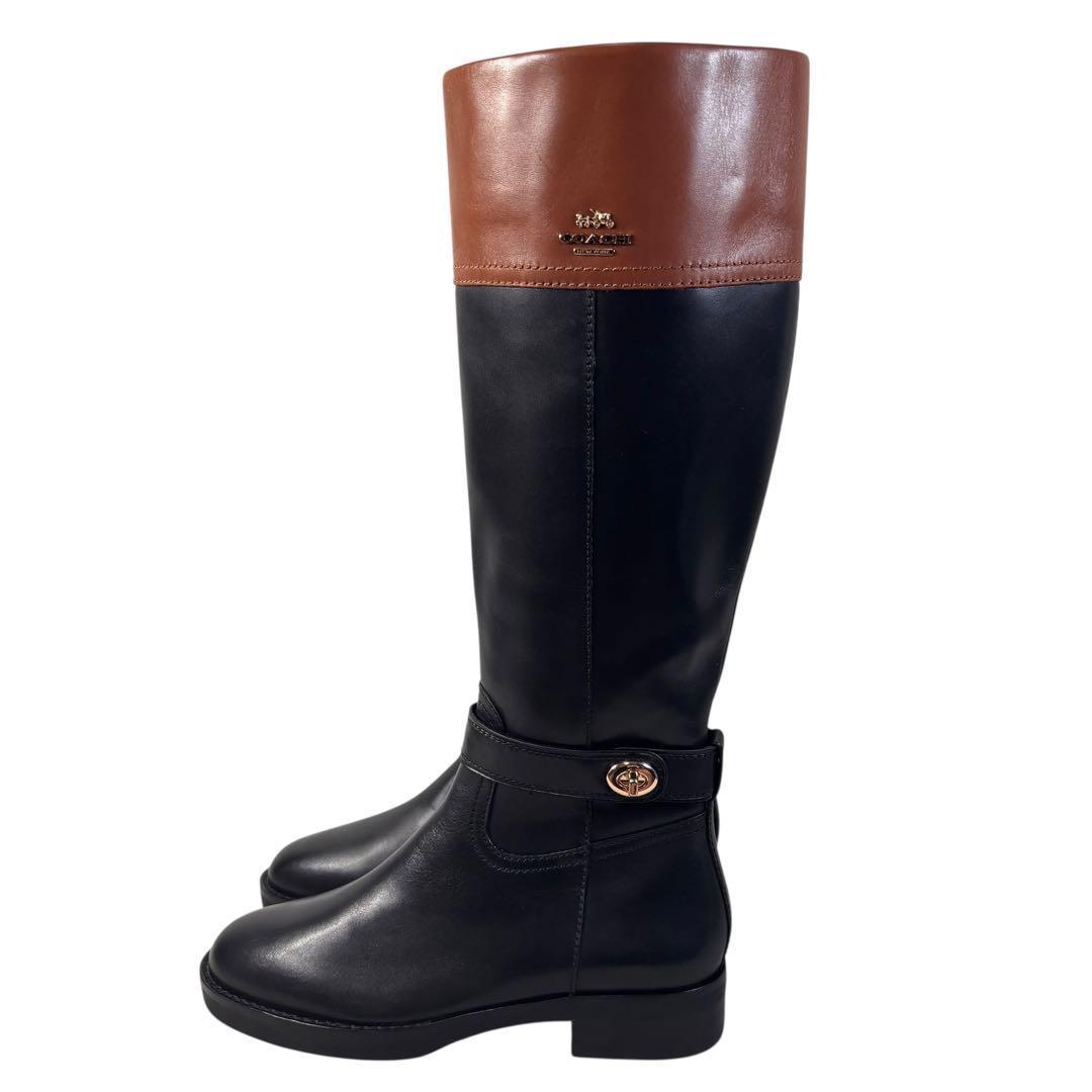 極美品 コーチ 36 23 レザー ロングブーツ ターンロック バイカラー