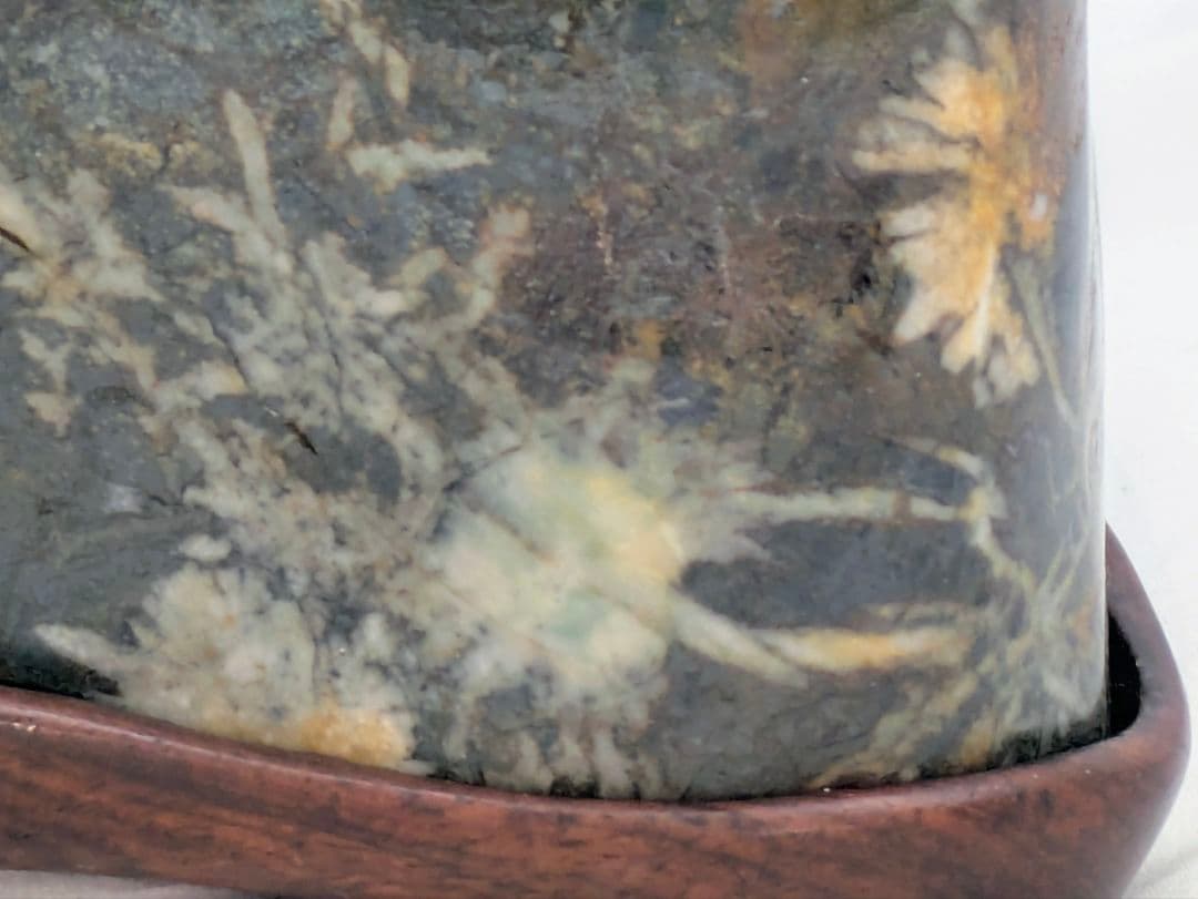 T*n様 菊花石　モスグリーン母岩に白の小花　根尾 鑑賞石 水石 自然石　紫檀台