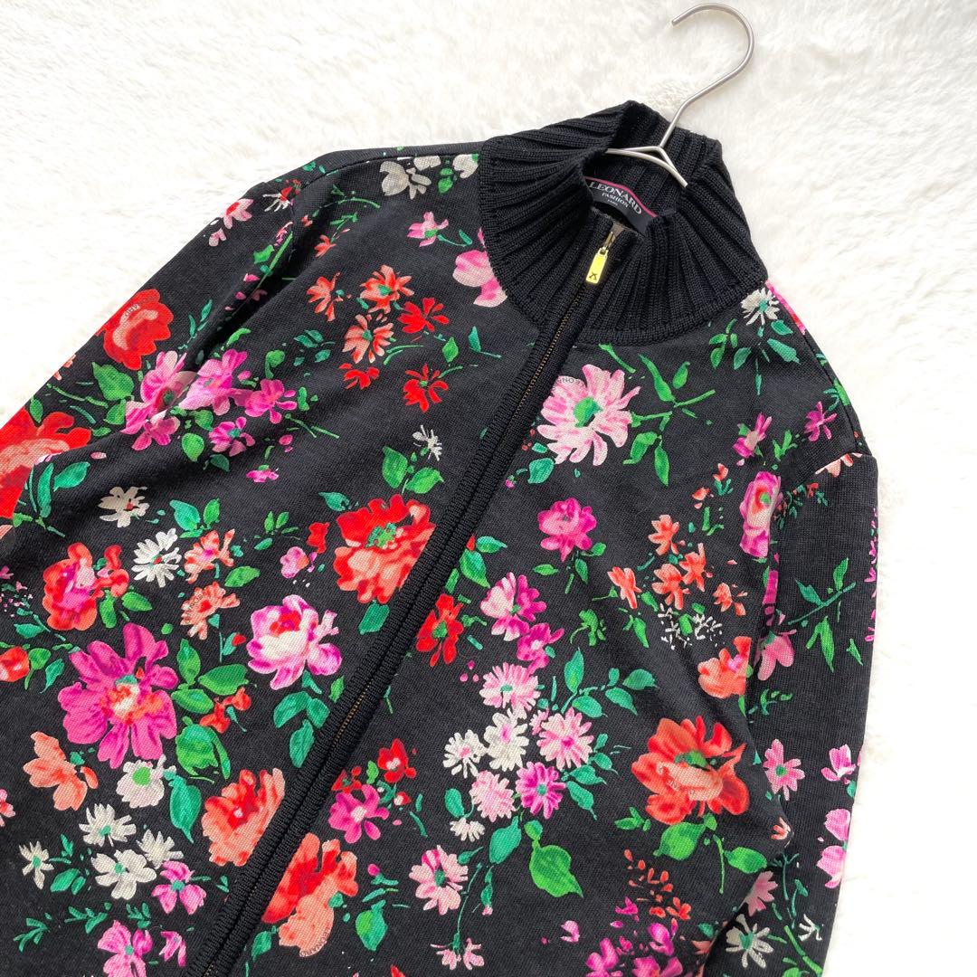 LEONARD シルク混フルジップカーディガン フラワー ブラック L