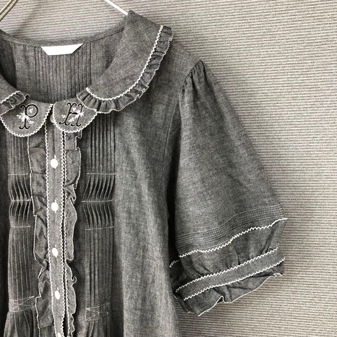 美品 PINK HOUSE ロゴ刺繍ダンガリーワンピース F グレー