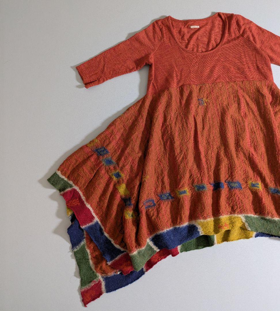 キャピタル／日本製 オリエンタルウールワンピース ヘムライン オレンジ 総柄