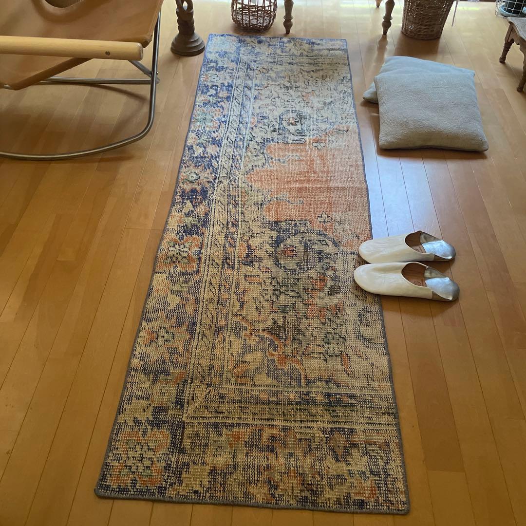 60×199 ロングランナーラグ　擦れ　シャビー　ウール　トルコヴィンテージラグ