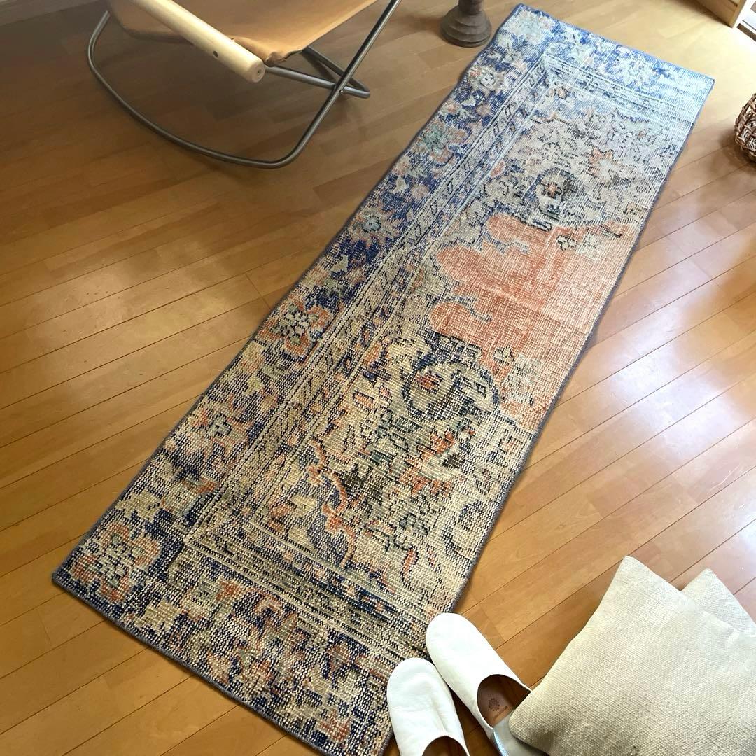 60×199 ロングランナーラグ　擦れ　シャビー　ウール　トルコヴィンテージラグ
