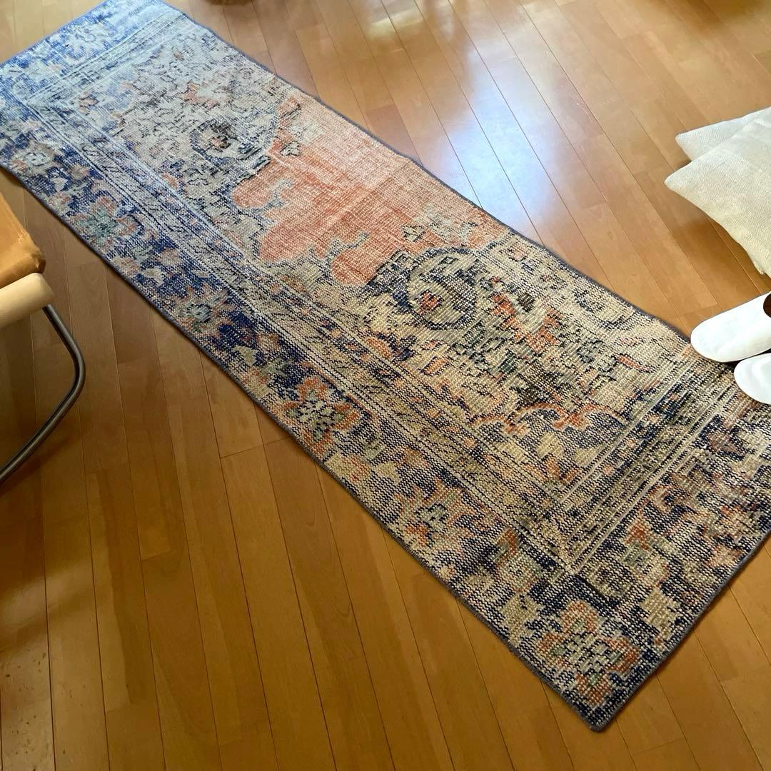 60×199 ロングランナーラグ　擦れ　シャビー　ウール　トルコヴィンテージラグ