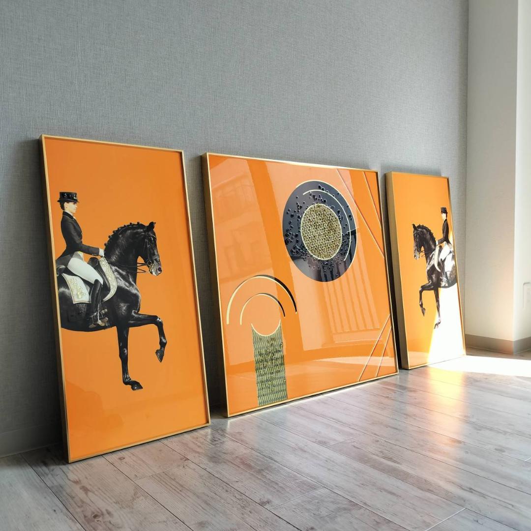 エルメス風　絵　オレンジ　騎手　馬と騎手のグラフィックアート3点セット