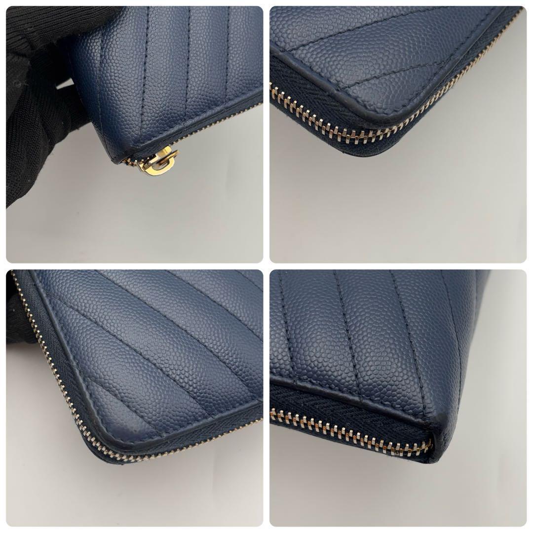 サンローラン 長財布 ラウンドジップ キャビアスキン Vステッチ ネイビー