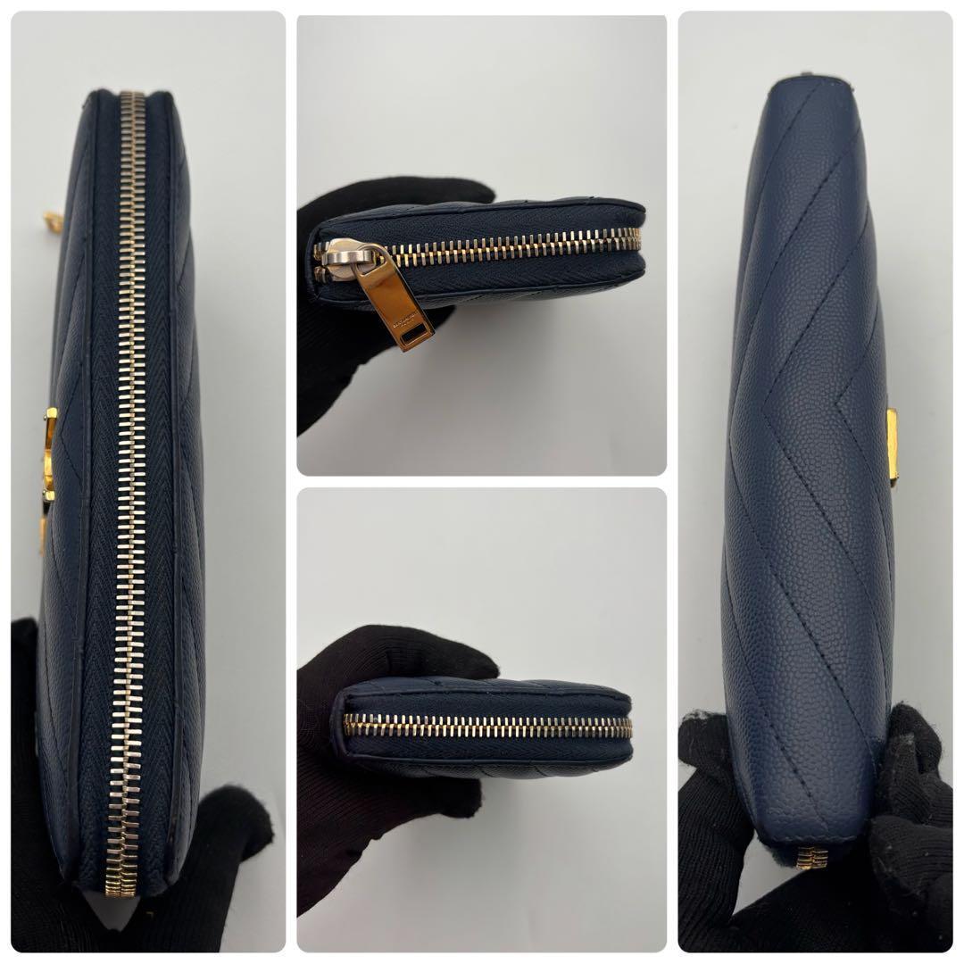 サンローラン 長財布 ラウンドジップ キャビアスキン Vステッチ ネイビー