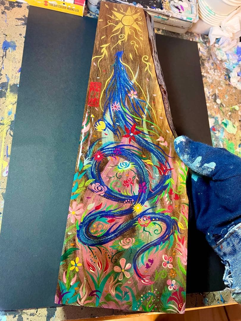 開運絵画 煌びやかな花龍 一点物 アクリル画 龍神 置き物 龍ノツカイ