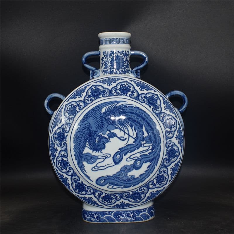 清乾隆青花開窓龍鳳呈祥福寿抱月瓶 景徳鎮 陶磁器 装飾品 現代工芸品美術品 置物