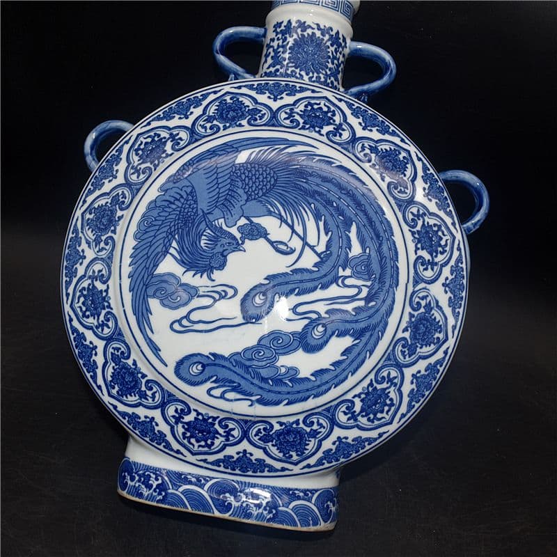 清乾隆青花開窓龍鳳呈祥福寿抱月瓶 景徳鎮 陶磁器 装飾品 現代工芸品美術品 置物